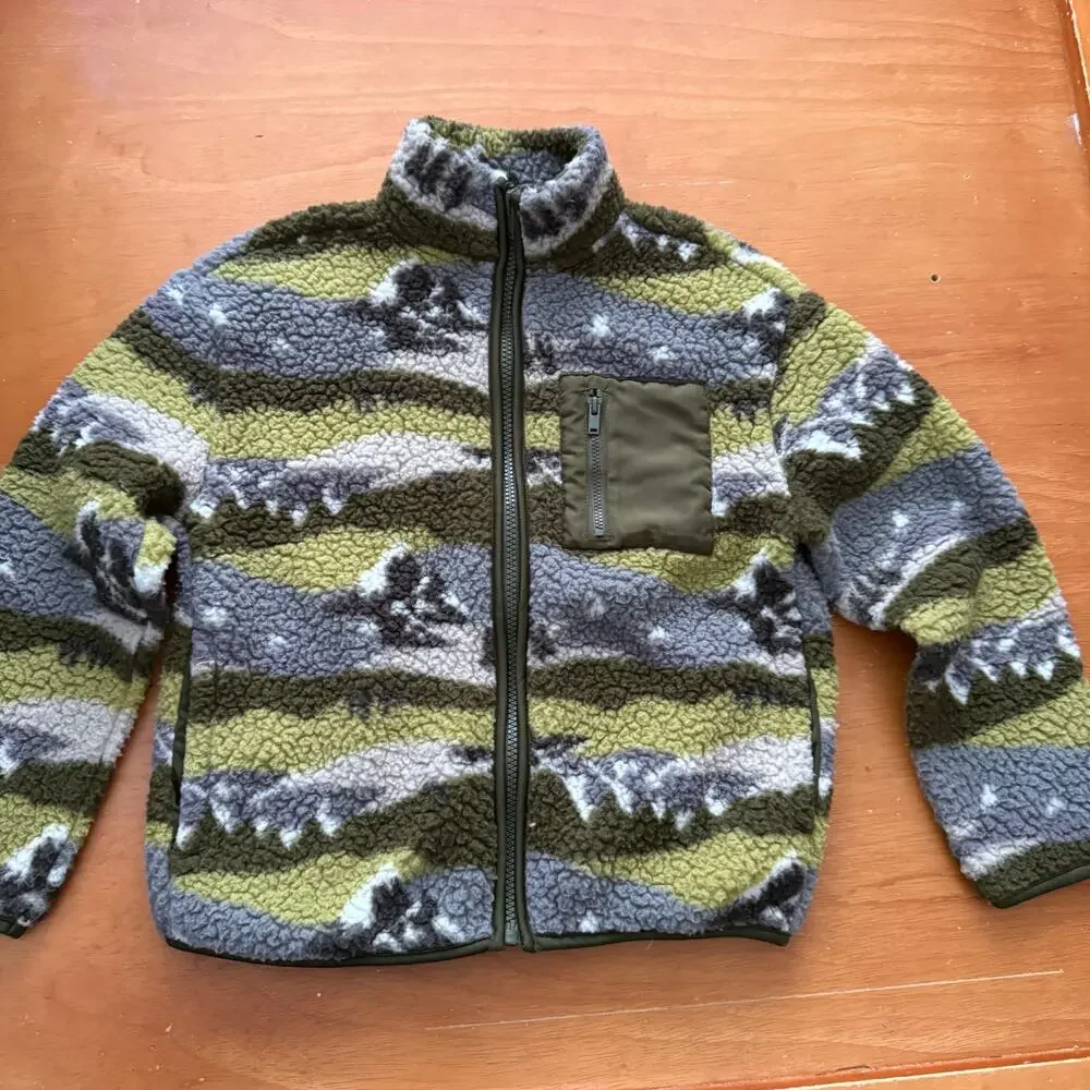 Old Navy Fleece Sherpa Zip Up Jacket Boys 8 Smoky Mountain Green Camo